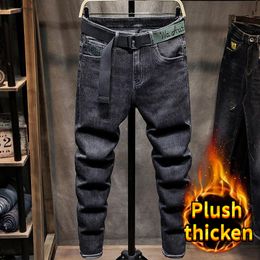 Men's Jeans Winter Trousers for Men Skinny Y2k Designer Brushed Jeans Men Slim Black Plush and Thicken Luxury Clothing 90s Streetwear Pants 230827