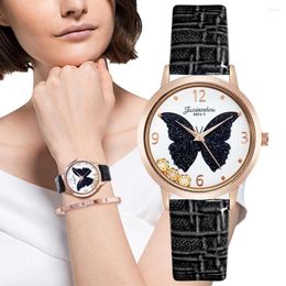 Wristwatches Fashion Women Quartz Watch Luxury Double Glazing Crystal Butterfly Womenwatches Exquisite Leather Strap Madam Clock Gifts