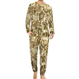 Men's Sleepwear Golden Metallic Print Pajamas Spring 2 Piece Dot Glitter Sparkles Fashion Pajama Sets Long Sleeves Sleep Graphic Home Suit