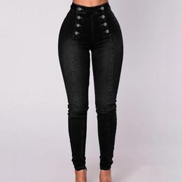 Women's Jeans High Waist Casual Trousers Trendy Double Breasted Multi Button Slim Fit Elastic Skinny