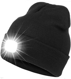 Beanie/Skull Caps Led Headlamp Cap Winter Warm Cold Protection Knitted Hat Night Hiking Fishing Glow Beanie Hats Unisex Outdoor Fashion Headlight 230826