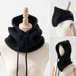 Scarves Unisex Knitted Head Hood Faux Cashmere Hooded Neck Collar Cap Head Drawstring Thick Beanie Men Women Adjustable Elastic Hat 230826