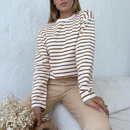 Women's Blouses Elegant Round Neck Striped Top Print Casual Tee Loose Fit O-neck Long Sleeve For Spring Autumn Streetwear