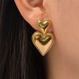 Hoop Huggie Luxury Trendy Double Heart Shaped Earrings Gold Plated Smooth Metal Love Drop Earrings For Women Jewelry Party Gift 230826