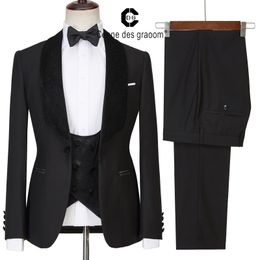 Men's Suits Blazers Cenne Des Graoom Men Suits Black Velvet Lapel Prom Tuxedo 3 Pieces Set Single Breasted For Wedding Banquet Dinner Party Male 230827