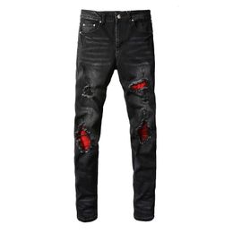 Men's Jeans Men's Black Distressed High Stretch Slim Fit Damaged Hole Red Ribs Patch Moustache Ripped Jeans 230827