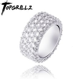 Band Rings TOPGRILLZ 5 Rows Iced Out Full Cubic Zircon Bling Rings Gold Silver Colour Charm Men's Hip Hop Jewellery For Gifts 230826