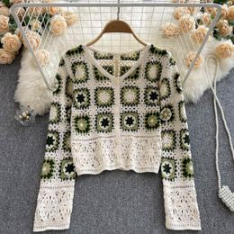 Women's Knits Boho Retro Vintage Holiday Clothes Colorful Hand Made Crochet Tops Sweater Women Long Sleeve Hollow Out Knitted Pullover