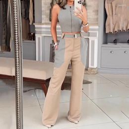 Women's Two Piece Pants Wefads Women Set Fashion Office Round Neck Sleeveless Backless Color Block Top Loose With Pockets Streetwear