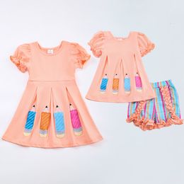 Family Matching Outfits Girlymax Back To School Summer Baby Girls Sibling Boutique Clothes Colour Stripe Cotton Pencil Embroidery Dress Shorts Set 230826