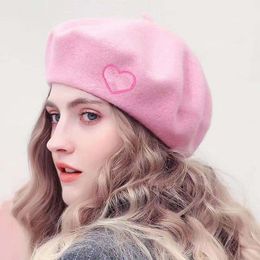 Barbie Pink Love Beret Wool Painter hat AutumnWinter Lady's wool temperament All over the hat tide embroidery