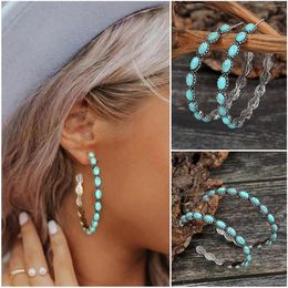 Stud Earrings Fashion For Women 2023 Natural Turquoise Dangle Metal Large Oval Vintage Statement Teardrop Bohemian