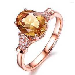 Cluster Rings Champagne Citrine Gemstones 5A Zircon Diamonds For Women Rose Gold Colour Yellow Crystal Jewellery Bijoux Bague Gift Party