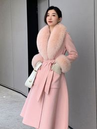 Women's Wool Blends Women Winter Woolen Coats Fur Collar Scarf Cuff Set Warm Fashion Luxury Overcoat Scarves Shawls Female Elegant Solid Thick Coats 230827