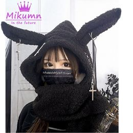 Beanie/Skull Caps Japanese Harajuku Girls Long Rabbit Ear Hat Gothic Black Cross Chain Lambswool Winter Warm Hooded Scarf Caps Streetwear 230826