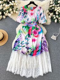 Autumn New Casual Dresses Summer Holiday Short Puff Sleeve Rainbow Print Bohemian Maxi Dress Women Fashion Dot Patchwork Lace Hem Evening Party Vestidos 2024