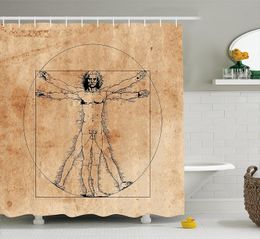 Shower Curtains Human Anatomy Shower Curtain Mediaeval Vitruvian Man Crosshatching Famous Italian Painting Renaissance Body Art Bathroom Curtains 230826