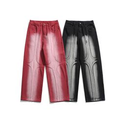 Men's Jeans American Street Hip-hop Jeans Men's Classic Neutral Straight Loose Gradient Wide-leg Pants Oversize Red Jeans Y2k Clothes 230827