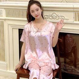 Women's Sleepwear Pyjamas Summer Capris Women Pyjama Sets Short Sleeves Elegant Pijamas Satin Silk Plus Size 4XL 5XL Homewear