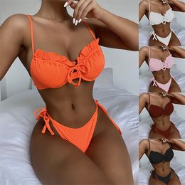 Fashion Women Swimwear Lace Solid Colour Bikini Strap Hollowed Out Chest Closure Split Swimsuit Water Sports Equipment Clothing Beach Sexy Holiday Bikini Set