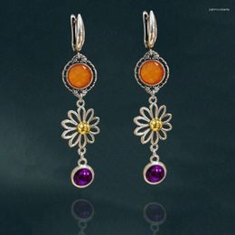 Dangle Earrings Vintage Orange Purple Stone Flower Drop Tibetan Silver Colour Handmade For Women Jewellery