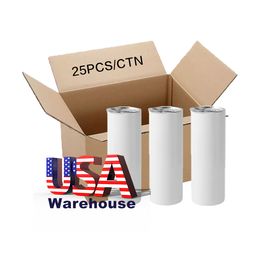 25pc/cartone US CA Warehouse Wholesale White Sublimation Blanks 20oz Tumblers in acciaio inossidabile Auto a doppia parete Mughe di auto dritta Au27