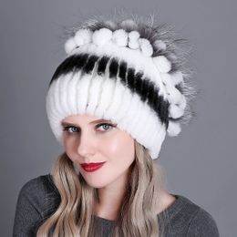 Beanie/Skull Caps Winter Women's Warm Fashion Beanie Knitted Hat Real Rex Rabbit Fur Hat Knitted With Side Flower Russia Hat 230826