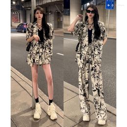 Women's Two Piece Pants Insozkdg Summer Set Vintage Ink Fragmented Short Sleeve Blazer Loose Casual Women Office Lady