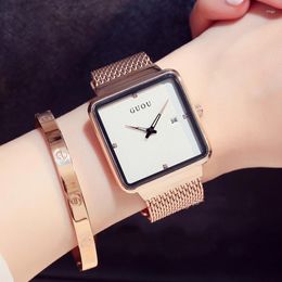 Wristwatches 2023 Luxury Guou Brand Female Large Dial Square Gold Mesh Steel Fashion Ladies Casual Watch Calendar Quartz