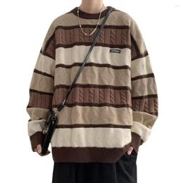 Men's Sweaters Men Sweater Comfortable Fabric Stylish Retro Striped O-neck Long Sleeve Loose Fit Thickened For Autumn