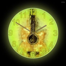 Wall Clocks Acoustic Guitar Gold Colour Print Clock Music Studio Decor Watercolour Musical Instrument LED Nightlight Guitarist Gift