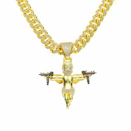 Hip Hop Men Rapper diamond pendant necklace shiny two guns masked wings angel pendant full zircon jewelry night club accessory Sweater Collarbone Cuban chain 1802