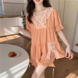 Women's Sleepwear Orange Summer Pyjamas Set Women V-Neck Short Sleeve Blouse Shorts Two Piece Home Suit Cotton Split Lace