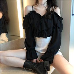 Men's Sweaters Sexy Off Shoulder Blouses Women Spring Summer Solid Color Chiffon T-shirt Casual Loose Spaghetti Strap Flare Sleeve Ruffles