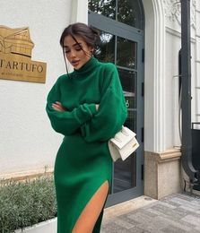 Two Piece Dress Turtleneck Knitted Sweater Skirt Pieces Set Women Autumn Winter Long Sleeve Pullover Sexy Side Split Midi Skirts Suit 230826