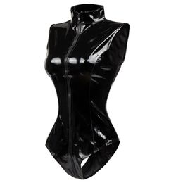 Women's Jumpsuits Rompers Black Crotch Zipper Sleeveless Sexy Spandex Bodysuit Leather Latex Catsuit PVC Jumpsuit Women Short PU BodySuit Clubwear 230826