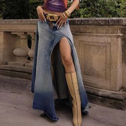 Юбки ретро -градиент нерегулярный для женщин сексуальные сплит -зонтичные качели половина юбки высокая талия тонкая джинсовая джинсовая длинная фальда -корта