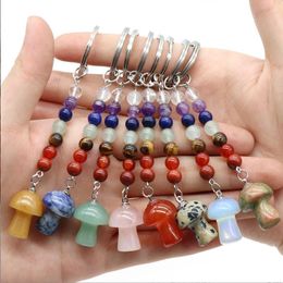 Mushroom Statue Key Rings 7 chakra beads Chains Stone Carved Charms Keychains Healing Crystal Keyrings for Women Men Christmas Gift