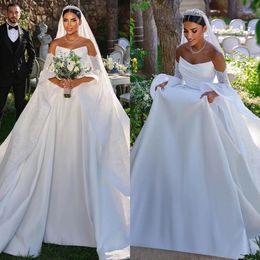 Arabic White Ball Gown Wedding Dresses Strapless Beads Lace Puffy Sleeves Beach Bridal Gowns Sweep Train Off-Shoulder Vestido De Novia 328 328