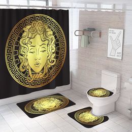 Shower Curtains Shower Curtain Sets Luxury Black Gold Polyester Fabric Washable Bath Curtains 3D Marble Toilet Cover Bathroom Accessories Sets 230826