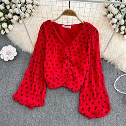 Women's Blouses 2023 Spring Korean Style Temperament V-neck Loose Pleated Puff Sleeve Chiffon Shirt Western Polka Dot Top