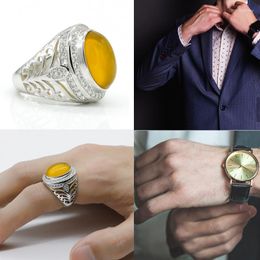 Cluster Rings Men Ring With Natural Agate 925 Sterling Silver Elegant Yellow Stone Openwork Design For Male Women Turkish Jewelry Gift