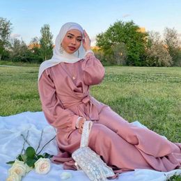 Ethnic Clothing Satin Abaya Dubai Turkey Muslim Fashion Robe Dress Plain Closed Belted Abayas For Women African Islam Modest Kaftan