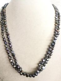 Chains 43cm 17'' Women Jewellery 2 Strands Necklace 7mm Black Colours Baroque Flat Pearl Handmade Real Cultured Freshwater Gift