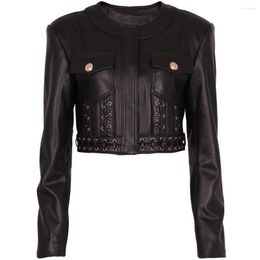 Women's Leather YOLOAgain High Quality Genuine Cropped Jacket Women 2023 Autumn Black Elegant Ladies