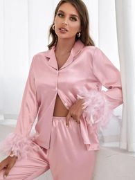 Women's Sleepwear Hiloc Satin Pajamas With Feathers Trouser Suits High Waist Women Pajama Sets Pants Fur Single Breasted 2023