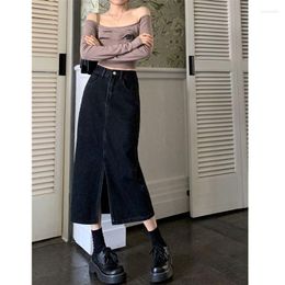 Skirts Woman Fashion Retro Long Spring Denim Girls High Waist Button Pockets Jeans Ladies Casual Straight Maxi G03