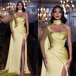 Elegant Yellow Mermaid Evening Dresses Satin Sequins One Shoulder Sleeve Party Prom Dress Split Pleats Long Dress for special occasion