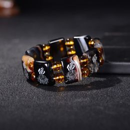 Ice through atmospheric square hand row of men and women with natural agate red agate lotus jade bracelet zen Buddha word