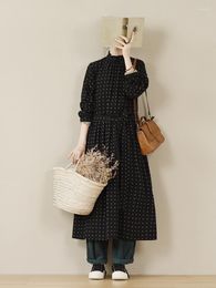 Casual Dresses 95-106cm Bust 110-120cm Length Spring Autumn Women Loose Polka Dots Comfy Breathable Water Washed Cotton Linen Long
